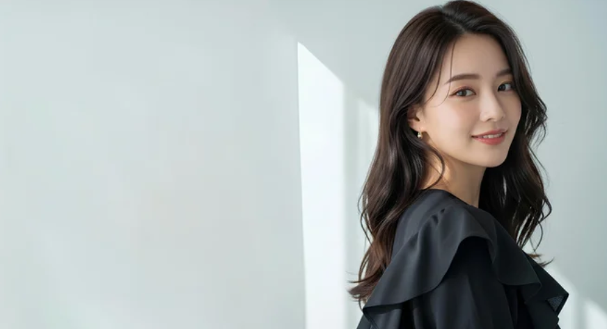 黒いブラウスで白い壁に寄り添い振り返る日本人女性 ─ Mani Padme40代・自己軸を取り戻した変容後の凛とした姿