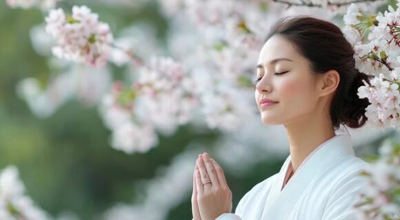 桜の下で目を閉じ合掌する白装束の日本人女性 ─ Mani Padme 40代女性の人生転換期・魂の覚醒と本当の自分を取り戻すブログ