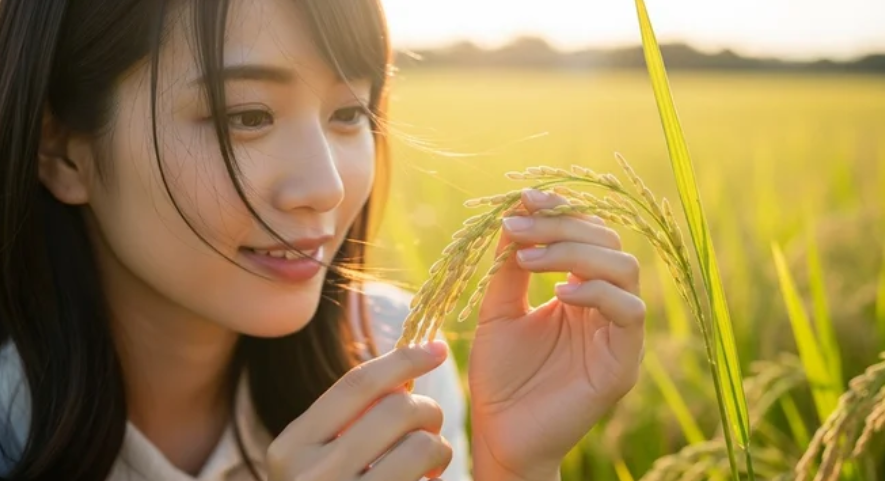 夕陽の田園で稲穂をそっと手に取り見つめる日本人女性 ─ Mani Padme40代・なりわいと魂の実り・天職を生きる