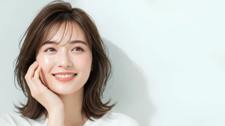 頬に手を添えて斜め上を見上げ微笑む日本人女性 ─ Mani Padme40代・なりわいと天職への目覚め・希望の笑顔