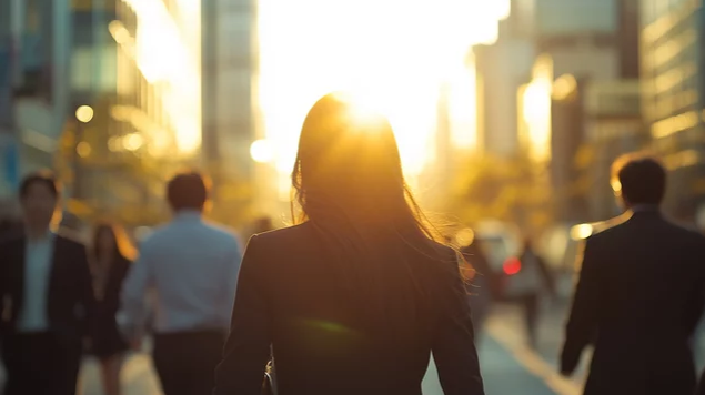 夕陽の光が降り注ぐ都市の大通りを歩く女性の後ろ姿 ─ Mani Padme40代・なりわいと魂が喜ぶ仕事への第一歩