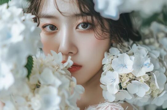 白い紫陽花に包まれて静かに見つめる女性のクローズアップ ─ Mani Padme 魂のお役目・本当の自分の純粋さを取り戻す変容ブログ