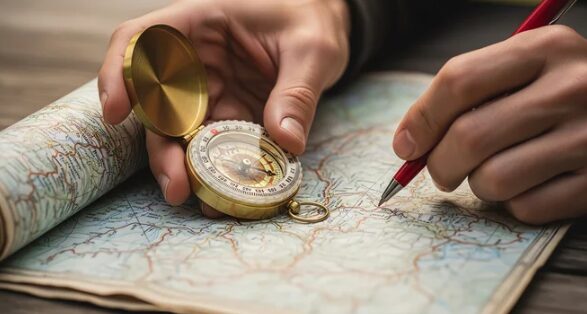 古地図の上でゴールドの羅針盤を持ちペンで道を示す手 ─ Mani Padme 魂のお役目・人生の羅針盤・使命の道を探すブログ