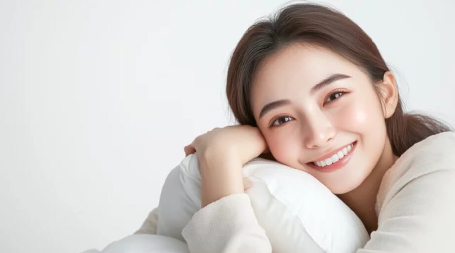 クッションに寄り添い心から笑顔を見せる若い日本人女性 ─ Mani Padme 引き寄せの法則・魂の状態を整えて本当の自分で生きる人生変革コンサルティング