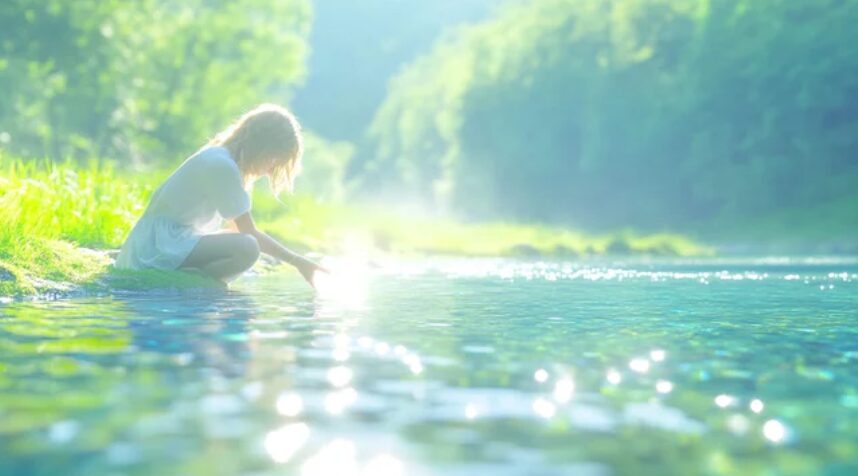 清流のほとりで水面に手を差し伸べる白いワンピースの女性 ─ Mani Padme 引き寄せの法則・魂の波動を整えて本当の自分で生きる人生変革コンサルティング