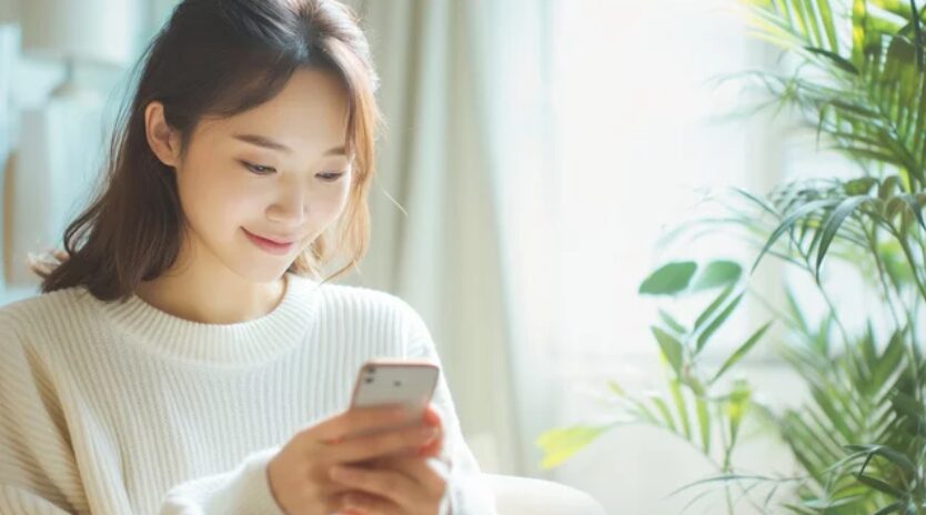 自然光の中でスマートフォンを手に穏やかに笑顔の若い日本人女性 ─ Mani Padme 引き寄せの法則・魂の状態を整えて本当の自分で生きる人生変革コンサルティング