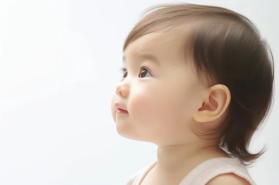 純白の空間で好奇心に満ちた瞳で上を向く乳幼児のクローズアップ ─ Mani Padme ありのまま・本来の自分を取り戻す魂の覚醒と人生変革コンサルティング