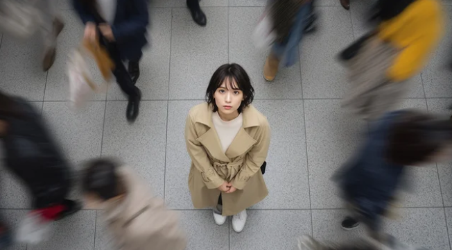 動き続ける人波の中でただ一人静止してカメラを見つめる女性 ─ Mani Padme ありのまま・変われない孤独と魂の覚醒を根本から解放する人生変革コンサルティング