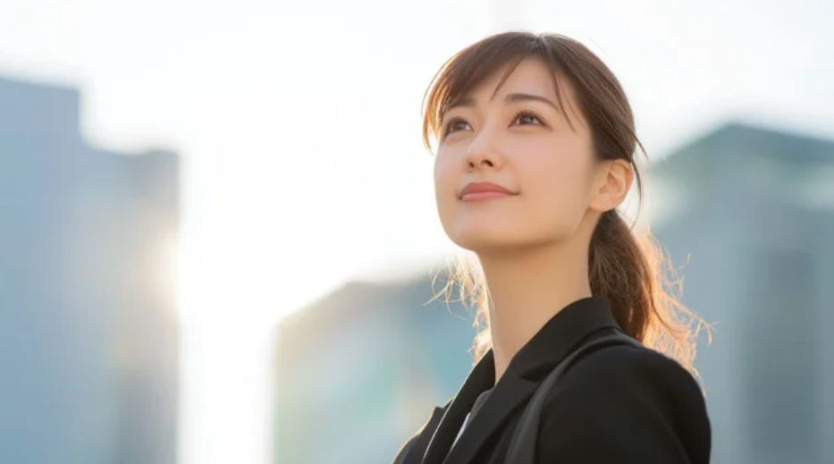 都市のビル群を背景に空を見上げて静かに微笑む日本人女性─ Mani Padme ありのまま自己受容と変容を超えた魂の自分軸と人生変革コンサルティング