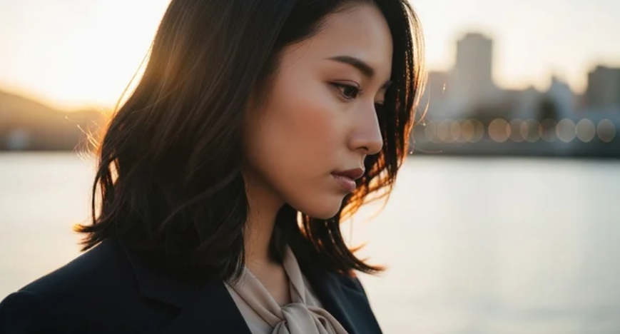 夕陽に縁取られた都市の水辺で静かにうつむく女性のサイドビュー ─ Mani Padme ありのまま自己受容と変わりたい葛藤を根本から解放する魂の覚醒コンサルティング